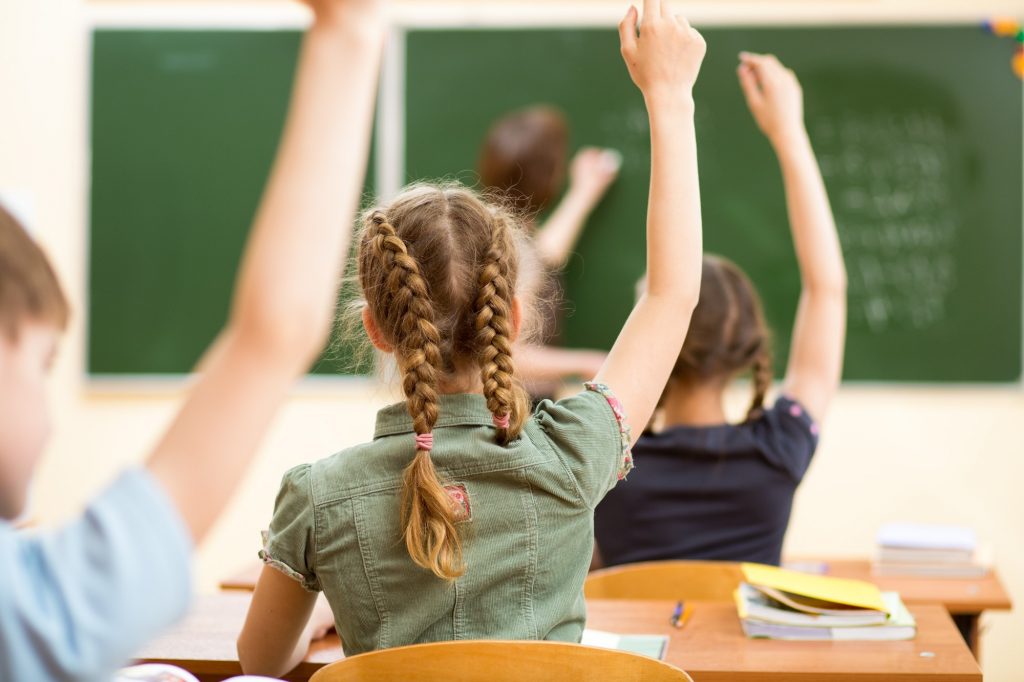 Students raising hands in class